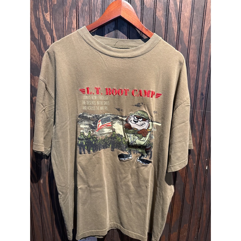 Vintage Looney Tunes Taz L.T. Boot Camp Military Graphic T-Shirt Olive Green XL